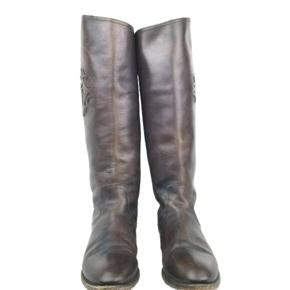 Frye Logo Embossed Melissa back button zip tall Riding Boots womens 6 - Picture 14 of 16